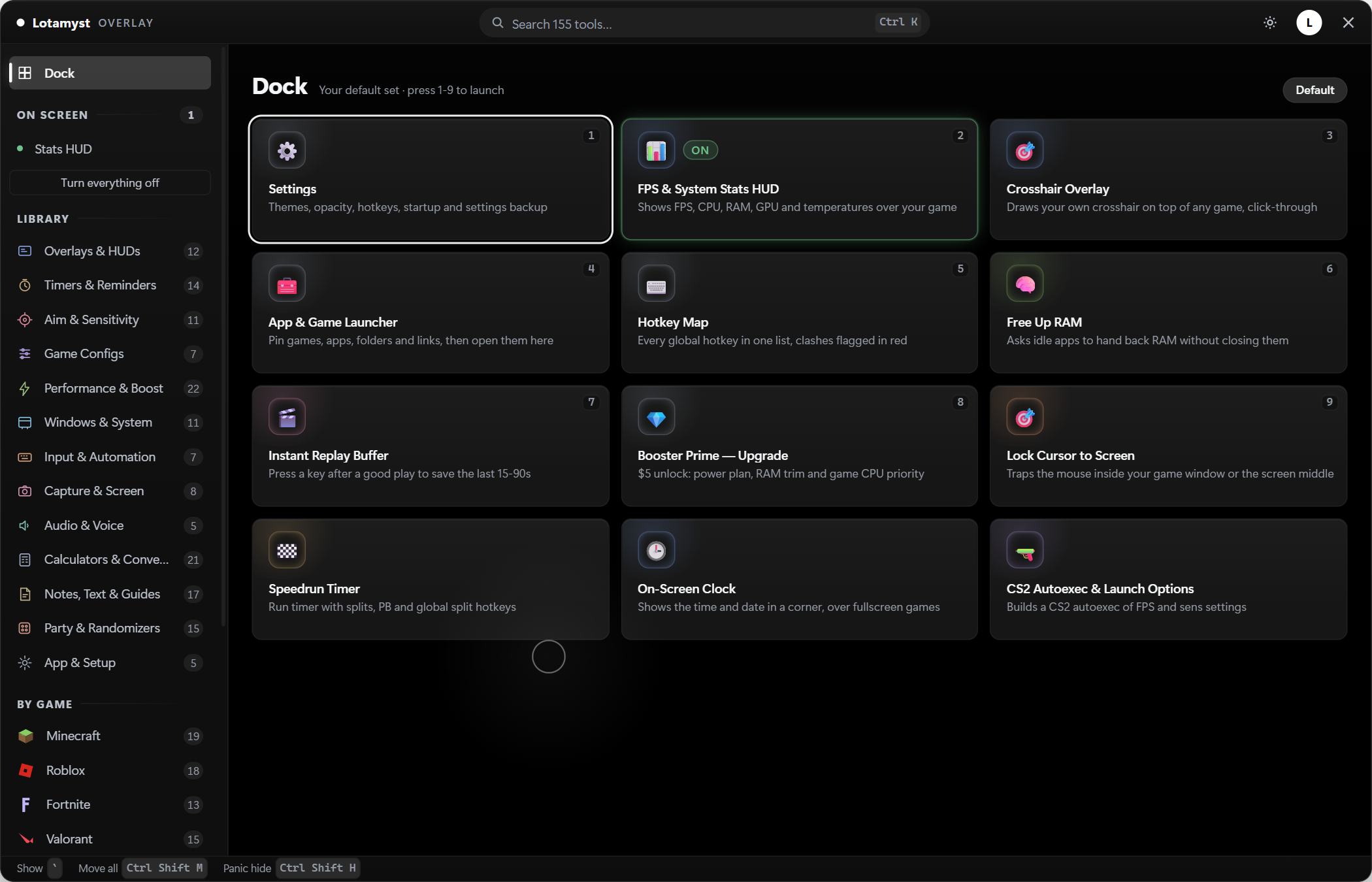 The Vorla Launcher menu open over a game, listing tools by category